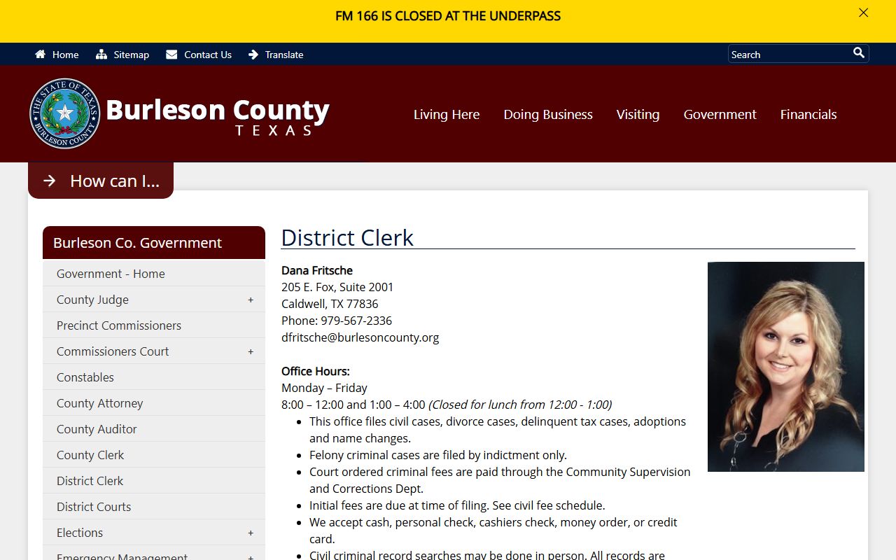 Burleson County court records district clerk criminal filing page