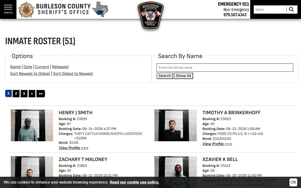 Burleson County inmate roster search page