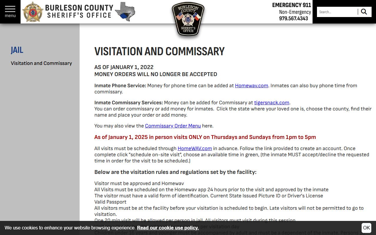 Burleson County inmate records visitation and commissary rules